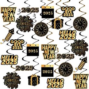 KatchOn, Happy New Year Hanging Swirls - Pack of 30 | Black and Gold New Years Eve Party Supplies 2025 | Happy New Year Decorations 2025 | New Years Hanging Decorations | New Years Eve Decorations