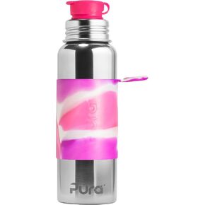 Pura 28 oz / 850 ml Stainless Steel Kids Sport Bottle with Silicone Sport Flip Cap & Sleeve (Plastic Free, Nontoxic Certified, BPA Free) (Swirl Pink)