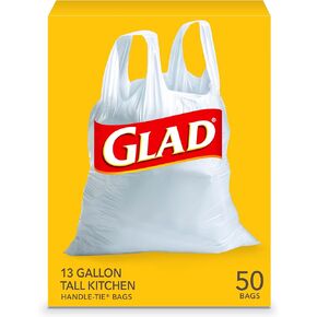 Glad Tall Kitchen Handle-Tie Trash Bags, 13 Gallon White Trash Bag, 50 Ct (Package May Vary)