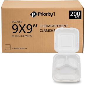 Priority1 Paper 9 x 9 Inch - 3 Compartment Clamshell Take Out Containers with Dividers, to go Boxes White with Lid, 200 Pack Compostable