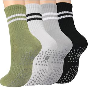 Pilates Socks with Grips for Women, Yoga Non Slip Grippy Crew Socks for Barre Slipper Valentine's Day Gifts 4 Pairs
