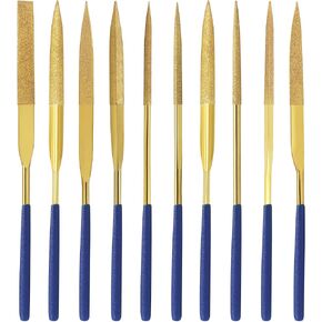 10 PCS Diamond Needle File Set (3×140mm) 150 Grit Titanium Coated Mini Metal Files Flat Square Triangle Half Round Oval for Precision Metal File Work Miniature DIY Jewelers/Glass/Ceramic