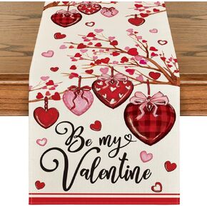 Artoid Mode Stripe Heart Valentine's Day Table Runner, Be My Valentine Anniversary Kitchen Dining Table Decoration for Home Party Decor 13x72 Inch