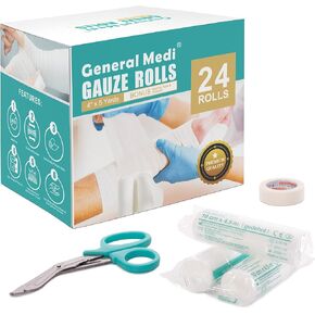 General Medi Conforming Bandage, 4" x 5 Yards Stretched, 24-Pack Gauze Bandage Rolls with Bonus Tape + Scissors, First Aid Supplies, Non-Sterile