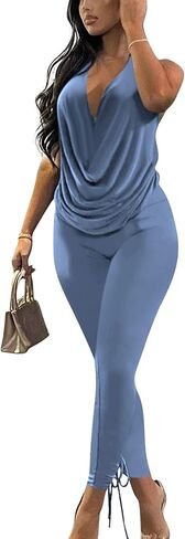 Doweha Women's Sexy Summer Two Piece Outfits Sleeveless Backless Deep V Neck Tank Tops And High Waisted Pants Matching Sets in Kuwait