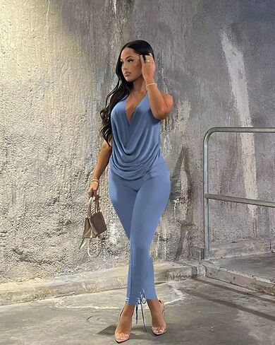Doweha Women's Sexy Summer Two Piece Outfits Sleeveless Backless Deep V Neck Tank Tops And High Waisted Pants Matching Sets in Kuwait