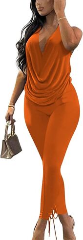 Doweha Women's Sexy Summer Two Piece Outfits Sleeveless Backless Deep V Neck Tank Tops And High Waisted Pants Matching Sets in Kuwait