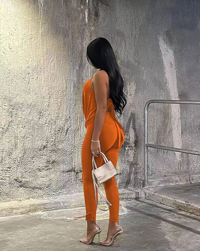 Doweha Women's Sexy Summer Two Piece Outfits Sleeveless Backless Deep V Neck Tank Tops And High Waisted Pants Matching Sets in Kuwait