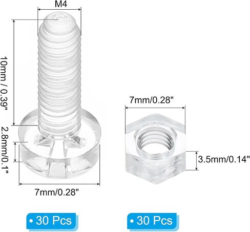 PATIKIL M4x10mm Clear Acrylic Screws and Hex Nuts Kit, 30 Set PC Plastic Phillips Round Head Bolts for Machine Accessories, Transparent in Saudi Arabia