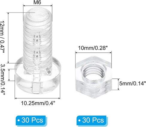 PATIKIL M4x10mm Clear Acrylic Screws and Hex Nuts Kit, 30 Set PC Plastic Phillips Round Head Bolts for Machine Accessories, Transparent in Saudi Arabia