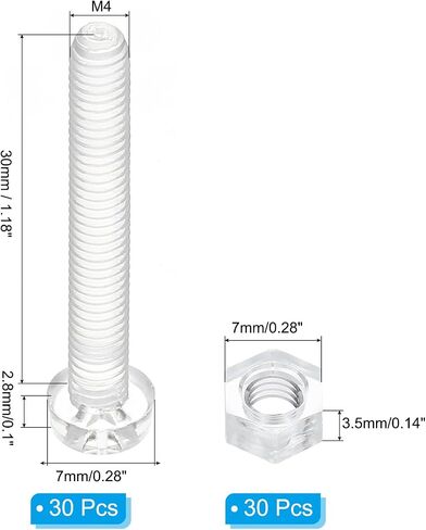PATIKIL M4x10mm Clear Acrylic Screws and Hex Nuts Kit, 30 Set PC Plastic Phillips Round Head Bolts for Machine Accessories, Transparent in Saudi Arabia