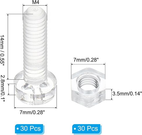 PATIKIL M4x10mm Clear Acrylic Screws and Hex Nuts Kit, 30 Set PC Plastic Phillips Round Head Bolts for Machine Accessories, Transparent in Saudi Arabia