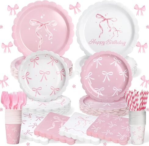300 Pcs Pink Bow Party Plates, Cups, Napkins and Tableware Sets for Conquette Birthday Decorations, Pink Birthday Party Supplies Include Straws, Pink Birthday Decorations Which Can Serve 50 in Saudi Arabia