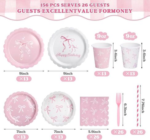 300 Pcs Pink Bow Party Plates, Cups, Napkins and Tableware Sets for Conquette Birthday Decorations, Pink Birthday Party Supplies Include Straws, Pink Birthday Decorations Which Can Serve 50 in Saudi Arabia