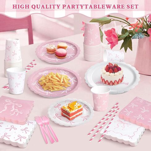 300 Pcs Pink Bow Party Plates, Cups, Napkins and Tableware Sets for Conquette Birthday Decorations, Pink Birthday Party Supplies Include Straws, Pink Birthday Decorations Which Can Serve 50 in Saudi Arabia