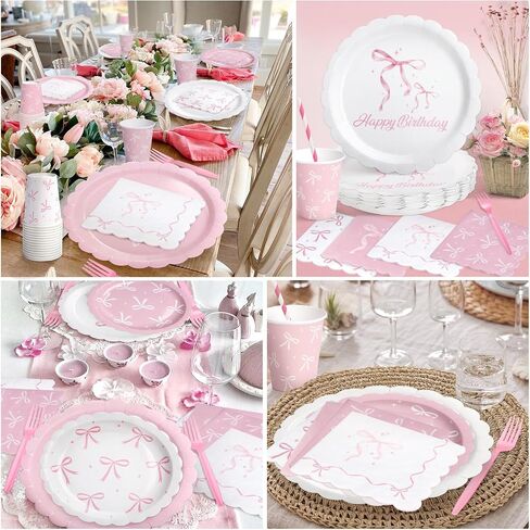300 Pcs Pink Bow Party Plates, Cups, Napkins and Tableware Sets for Conquette Birthday Decorations, Pink Birthday Party Supplies Include Straws, Pink Birthday Decorations Which Can Serve 50 in Saudi Arabia