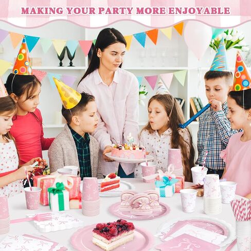 300 Pcs Pink Bow Party Plates, Cups, Napkins and Tableware Sets for Conquette Birthday Decorations, Pink Birthday Party Supplies Include Straws, Pink Birthday Decorations Which Can Serve 50 in Saudi Arabia
