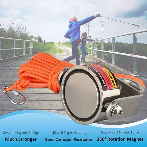 MUTUACTOR Magnet Fishing Kits,600lb Strong Rotate Fishing Magnet Heavy Duty,Neodymium Rare Earth Swivel Magnet with 65Ft Durability Rope,Sturdy Gloves for Retrieving Treasures in Rivers in Kuwait