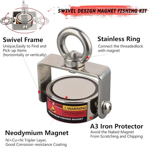 MUTUACTOR Magnet Fishing Kits,600lb Strong Rotate Fishing Magnet Heavy Duty,Neodymium Rare Earth Swivel Magnet with 65Ft Durability Rope,Sturdy Gloves for Retrieving Treasures in Rivers in Kuwait