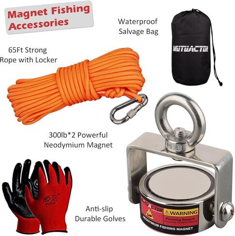 MUTUACTOR Magnet Fishing Kits,600lb Strong Rotate Fishing Magnet Heavy Duty,Neodymium Rare Earth Swivel Magnet with 65Ft Durability Rope,Sturdy Gloves for Retrieving Treasures in Rivers in Kuwait
