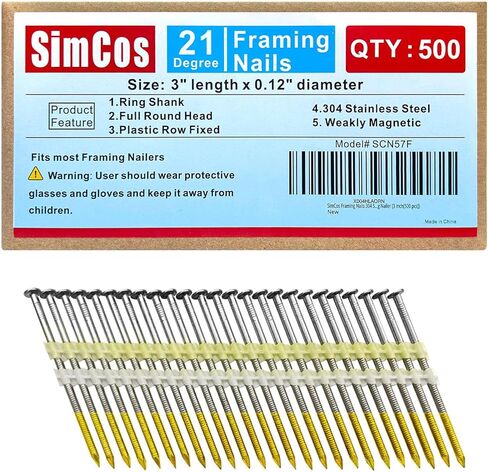 Framing Nails 304 Stainless Steel 21° Full Round Head Nail 21 Degree Ring Shank Nail for Pneumatic, Electric 21 degree Framing Nailer (2 inch+3 inch(400 pcs)) in Kuwait