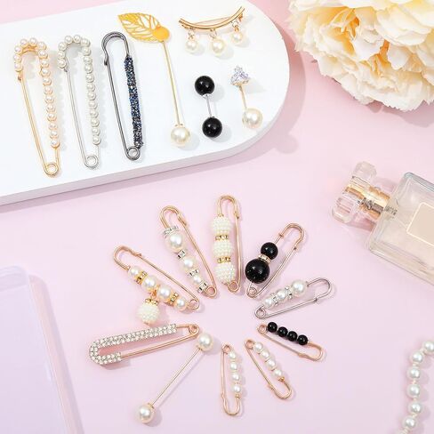 17 Pieces Pearl Brooch Pins Sweater Shawl Clips Faux Pearl Rhinestones Collar Safety Pin for Women Girls Clothing Dresses Decoration Accessories in Kuwait