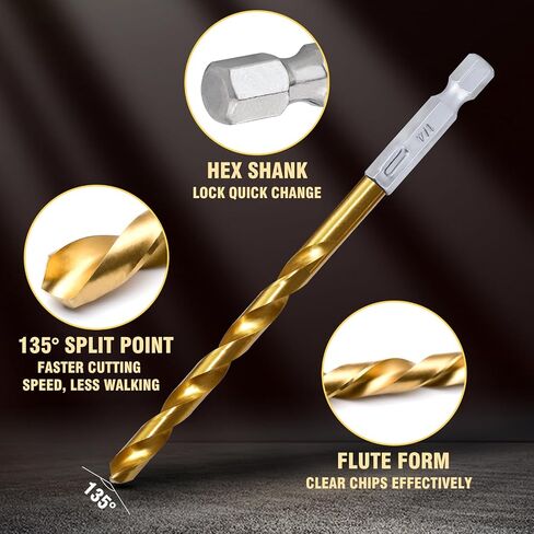 13Pcs Hex Shank Drill Bit Set, Upgraded Twist Drill Bit Set for Wood, Plastic, Aluminum Alloy, Titanium Drill Bit Set with Quick Change Design, 1/16 to 1/4 Inch in Saudi Arabia