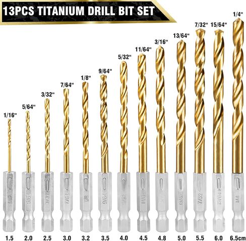 13Pcs Hex Shank Drill Bit Set, Upgraded Twist Drill Bit Set for Wood, Plastic, Aluminum Alloy, Titanium Drill Bit Set with Quick Change Design, 1/16 to 1/4 Inch in Saudi Arabia