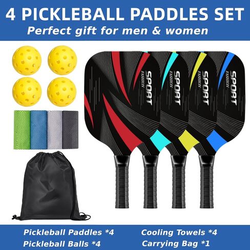 Pickleball Paddles, Pickleball Set of 4 Premium Wooden Pickleball Paddles, 4 Cooling Towels, 4 Pickleball Balls & Carry Bag, Pickleball Paddles Set of 4, Ergonomic Cushion Grip in Saudi Arabia