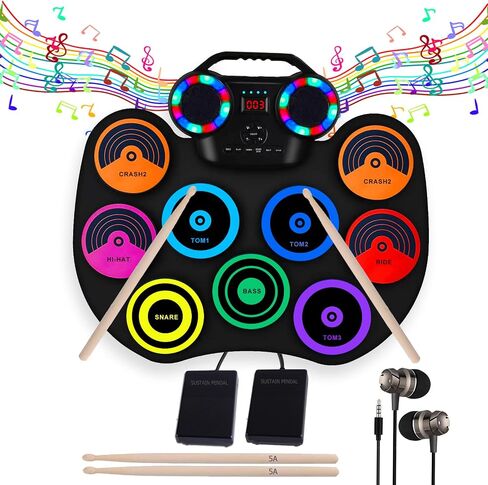 Electronic Drum Kit 9 Pads, Roll-up Practice Drum Set With Headphone and 2 Pairs Drumsticks, 8H Playing With Built-in Dual Speaker, USB MIDI Jack for Teens, and Adults Beginner, Hoilday Birthday Gift in Kuwait