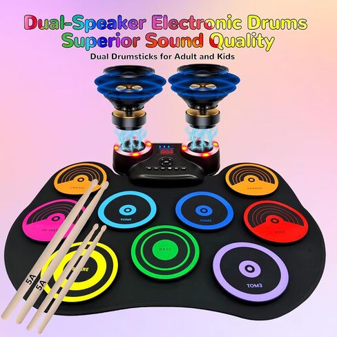 Electronic Drum Kit 9 Pads, Roll-up Practice Drum Set With Headphone and 2 Pairs Drumsticks, 8H Playing With Built-in Dual Speaker, USB MIDI Jack for Teens, and Adults Beginner, Hoilday Birthday Gift in Kuwait