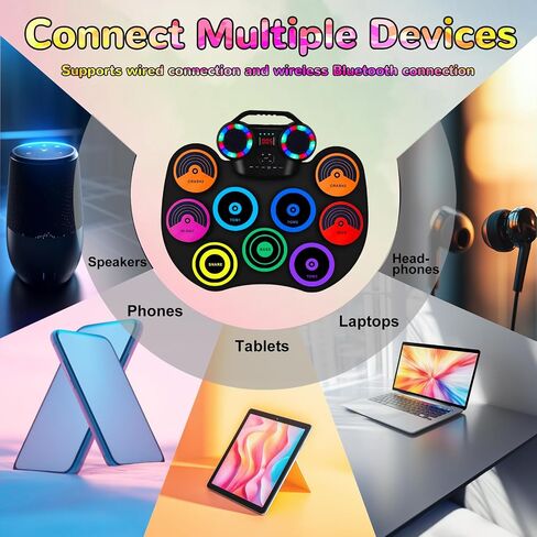 Electronic Drum Kit 9 Pads, Roll-up Practice Drum Set With Headphone and 2 Pairs Drumsticks, 8H Playing With Built-in Dual Speaker, USB MIDI Jack for Teens, and Adults Beginner, Hoilday Birthday Gift in Kuwait