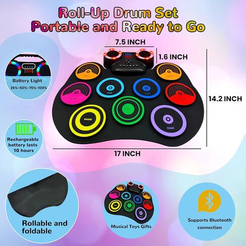 Electronic Drum Kit 9 Pads, Roll-up Practice Drum Set With Headphone and 2 Pairs Drumsticks, 8H Playing With Built-in Dual Speaker, USB MIDI Jack for Teens, and Adults Beginner, Hoilday Birthday Gift in Kuwait