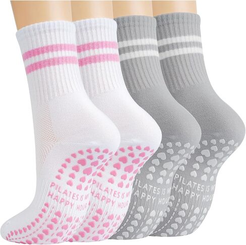Pilates Socks with Grips for Women, Yoga Non Slip Grippy Crew Socks for Barre Slipper Hospital Gifts 4 Pairs in Saudi Arabia