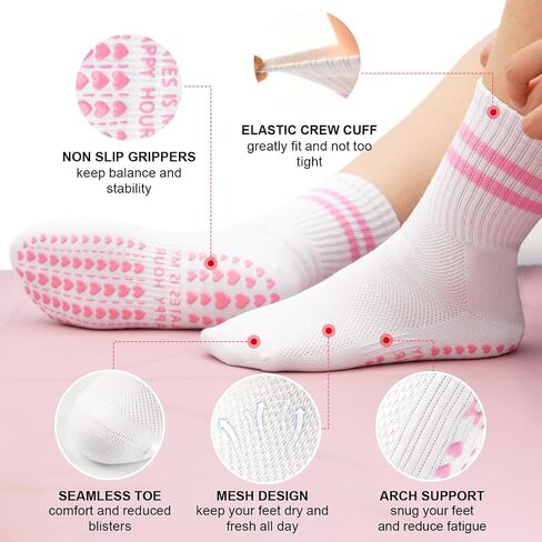 Pilates Socks with Grips for Women, Yoga Non Slip Grippy Crew Socks for Barre Slipper Hospital Gifts 4 Pairs in Saudi Arabia