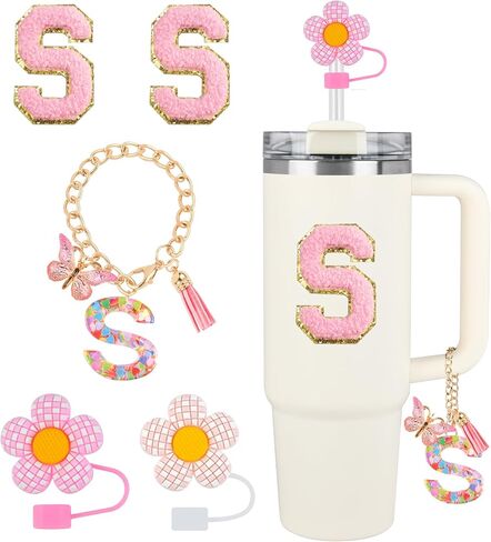 Stanley Cup Accessories, 5PCS Tumbler Initials Decorations for Stanley, Straw Toppers for Stanley Cup Straw Cover Cap, Cute Letter Charms for Stanley 40 oz 30 oz Tumbler, Sticker (S) in Kuwait