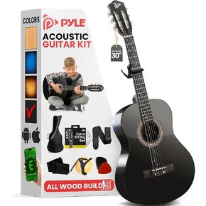 Pyle Beginner Acoustic Guitar Kit, 1/4 Junior Size All Wood Build Nylon String Instrument with Capo, Gig Bag, Strap, Extra String Set, Guitars for Beginners Adults and Youth, 30" Black Gloss