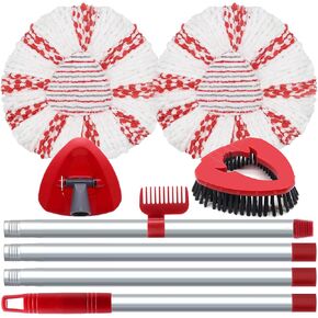 2 Pack 40% Deep Cleaning Spin Mop Heads Replacement Compatible with Ocedar 1 Tank, Upgraded Scrub Brush,1 Mop Handle and 1 Mop Base Combo Set,Red Microfiber Mop Replace Head Refill