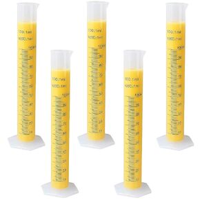 5Pack 100ml Plastic Graduated Cylinder, Transparent Measuring Cylinder Durable Lab Test Tube Flask, 2-Sided Measuring Lines Graduated Cylinder Beaker for Science Projects, Pour Spou