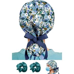 Plifal 100% Cotton Scrub Cap with Buttons & Sweatband - Adjustable Surgical Cap Working Hat, 2 Scrunchies for Nurse Long Hair