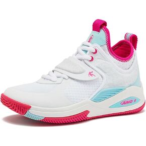 AND1 Gamma 4.0 SS Boys & Girls Basketball Shoes, Kids Youth Cool Basketball Sneakers with Strap - White/Dark Pink, 5.5 Big Kid