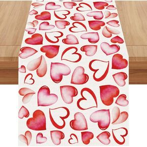 Jiudungs Linen Pink Watercolor Heart Valentines Day Table Runner 72 Inches Long Valentine's Day Table Decoration for Home Kitchen Dining Room