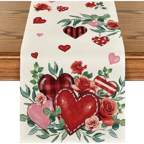 Artoid Mode Red Roses Flowers Eucalyptus Valentine's Day Table Runner, Wedding Kitchen Dining Table Decoration for Home Party Decor 13x72 Inch