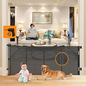 Reinforced 80" No Drill Retractable Baby Gates No Drilling Mesh Dog Gate with Support Rods to Prevent Bottom Escape Extra Long Baby Gate Retractable Pet Gate for Stairs No Drilling Indoor Safety Gates