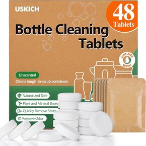 Water Bottle Cleaning Tablets-48 Pack, Bottle Bright Cleaner Tabs for All Stainless Steel, Hydration Bladders, Thermos and Glass Drinking Containers,Natural Ingredient Removes Stubborn Stains & Odors