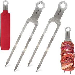 Double Skewers 14.4" Stainless Steel Heavy Duty Double Prong Skewers for BBQ Kabob Shawarma Meat Fish Chicken Gift for Christmas Stocking Stuffers Accessories for Grill Master Arsenal - 2 Units