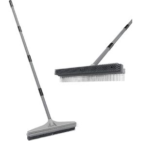 Walensee Carpet Rake for Pet Hair Removal, 61" Carpet Hair Cleaning Tool with Adjustable Long Handle, 2-in-1 Rubber Broom and Nylon Carpet Brush for Fur Rug, Stairs and Mats - Washable, Durable