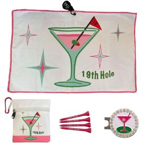 Martini Par 3 Pack for Women, Microfiber Waffle Weave Golf Towel, Tee Bag with Tees and Bling Ball Marker with Magnetic Hat Clip (19th Hole)
