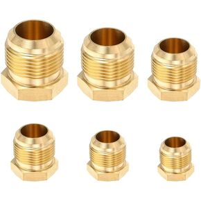 Brass Seal Plug 6 Pack SAE 45 Degree Tube Fitting Seal Plugs, SAE 1/4'', 5/16'', 3/8'', 1/2'', 5/8'',3/4'' Tube OD Brass Flare Plug, Hex Flare Plug Set, Flare Tube Fitting Brake Line Plug