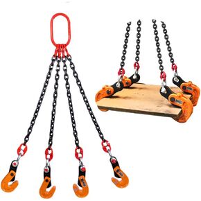 Horizontal Plate Lifting Clamp 1.6T/ 3527 lbs with 4 Clamps Heavy Duty Barrel Drum Lifter High Strength Manganese Steel Chain for Industry Hoist Crane (Capacity 1.6 ton, 1.5m chain)
